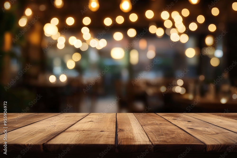 Empty wooden table top with lights bokeh on blur restaurant background , ai Empty wooden table top with lights bokeh on blur restaurant background , ai