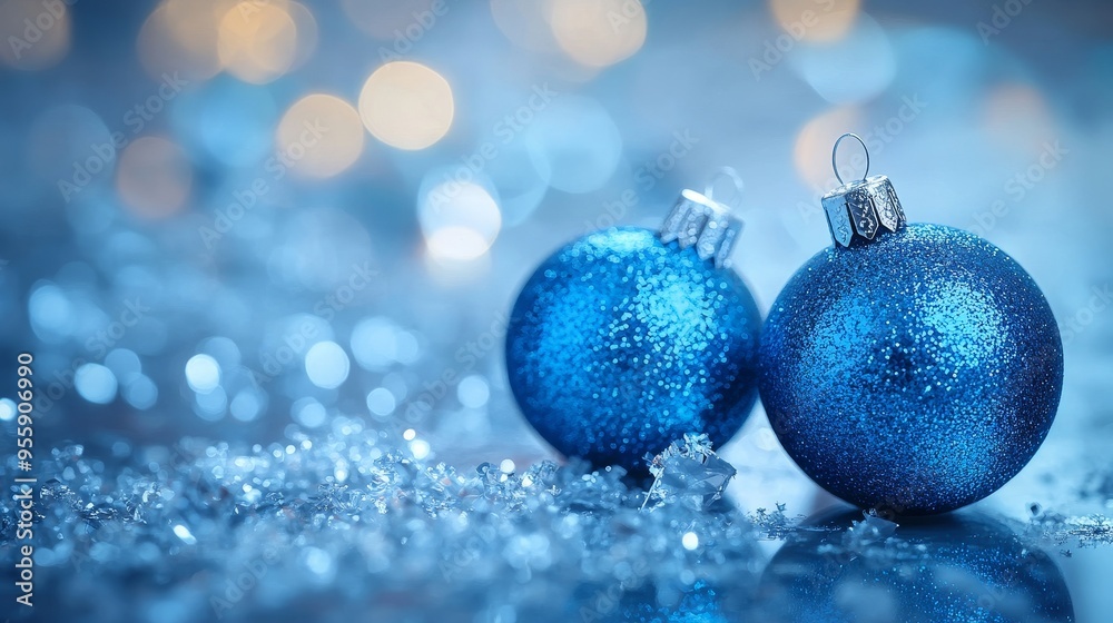 Two blue Christmas ornaments with a glitter finish, sitting on a sparkling background. The ornaments represent celebration, joy, and the spirit of the holidays. The glitter symbolizes sparkle and exci Two blue Christmas ornaments with a glitter finish, sitting on a sparkling background. The ornaments represent celebration, joy, and the spirit of the holidays. The glitter symbolizes sparkle and exci