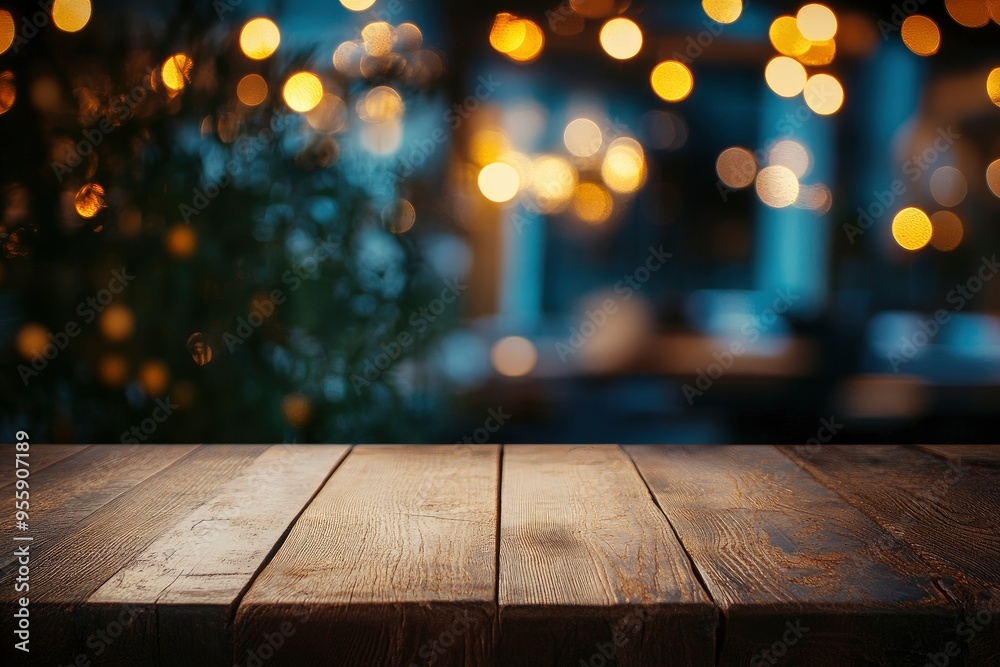 Empty wooden table top with lights bokeh on blur restaurant background , ai Empty wooden table top with lights bokeh on blur restaurant background , ai