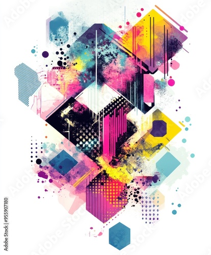 A vibrant abstract design featuring geometric shapes and colorful splashes.