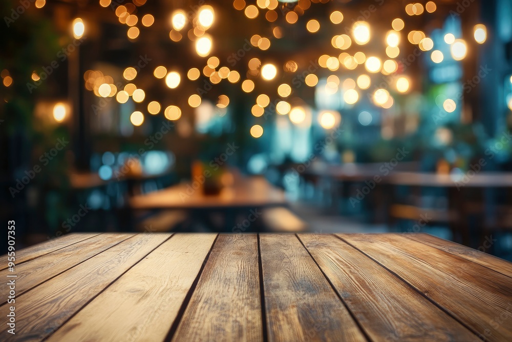 Empty wooden table top with lights bokeh on blur restaurant background , ai Empty wooden table top with lights bokeh on blur restaurant background , ai