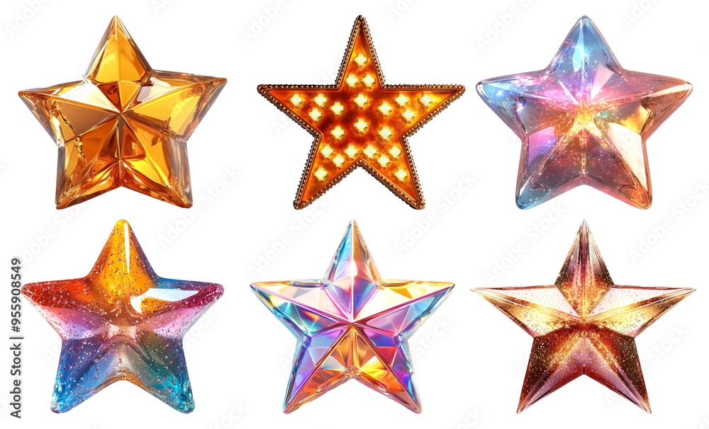 Set of decorative stars in various styles isolated on transparent background Set of decorative stars in various styles isolated on transparent background
