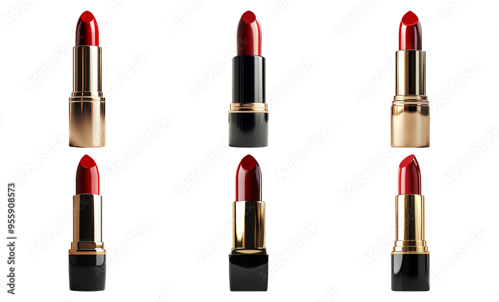 Red lipstick tubes in various designs isolated on transparent background Red lipstick tubes in various designs isolated on transparent background