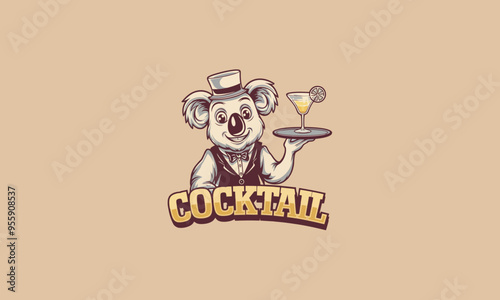 A cheerful koala serving a cocktail with a smile.