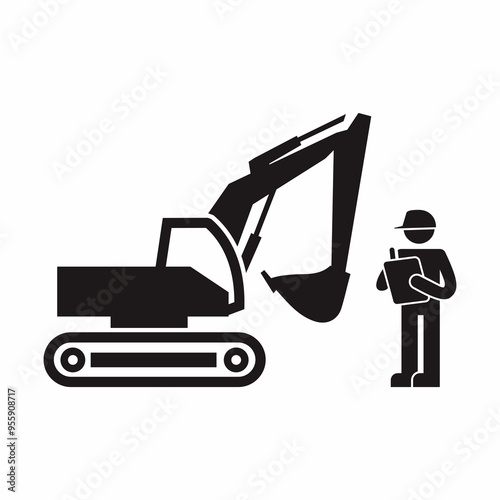 Black and white stick figure of a person conduct safety inspection for excavator vector illustration. Industrial standard and procedure for periodical checking. photo