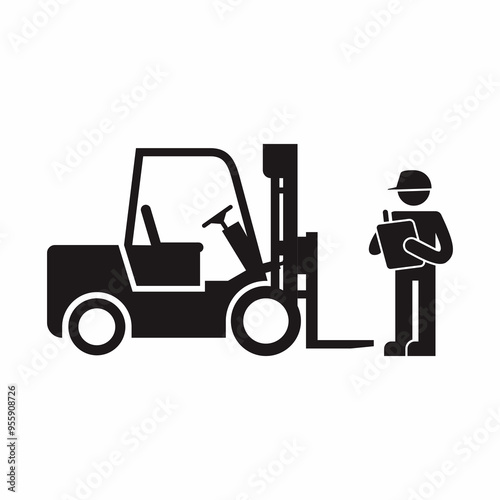 Black and white stick figure of a person conduct safety inspection for forklift vector illustration. Industrial standard and procedure for periodical checking.