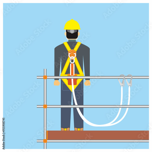 Vector illustration of worker stand on the scaffolding and the safety harness hooked on the handrail. Personal protective equipment usage to prevent fall for working at height.