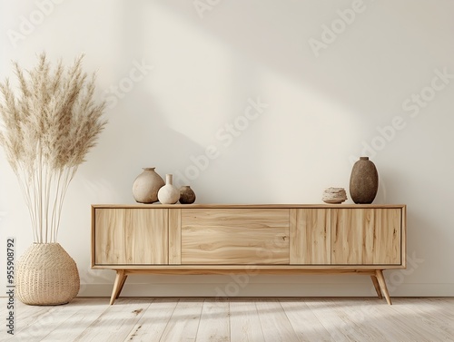 Minimalist and Modern Wooden Sideboard Decor in Blank Wall Room with Decorative Items long title A modern and minimalist wooden sideboard with photo