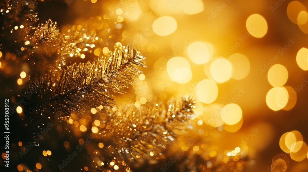 Fototapeta premium Christmas tree with gold blurred lights. Christmas background