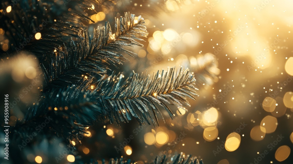 Fototapeta premium Christmas tree with gold blurred lights. Christmas background