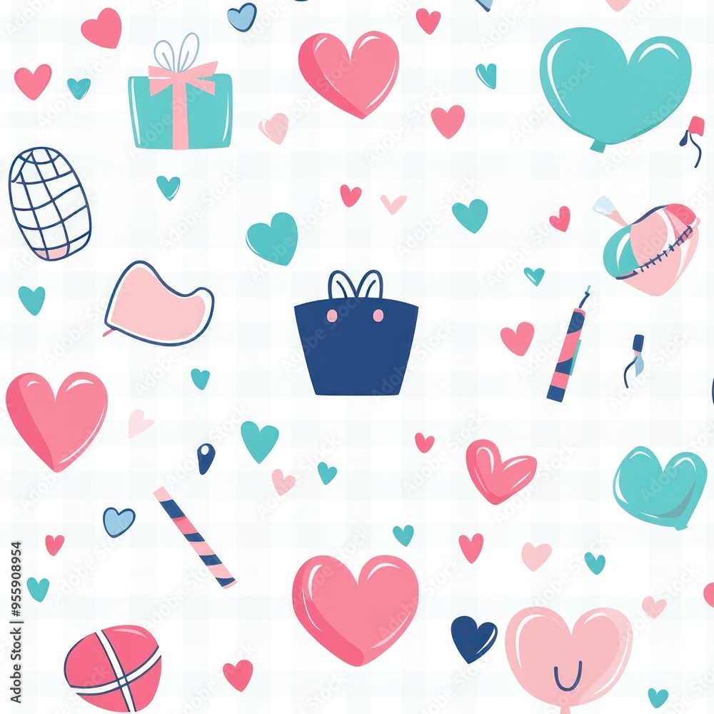 Cute Heart Pattern with Blue, Pink, and Green Elements Illustration Cute Heart Pattern with Blue, Pink, and Green Elements Illustration