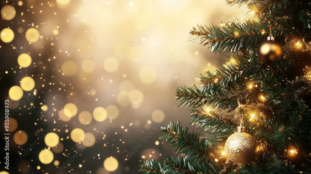 Christmas tree with gold blurred lights. Christmas background Christmas tree with gold blurred lights. Christmas background