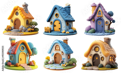 Collection of fairy tale houses in different designs isolated on transparent background