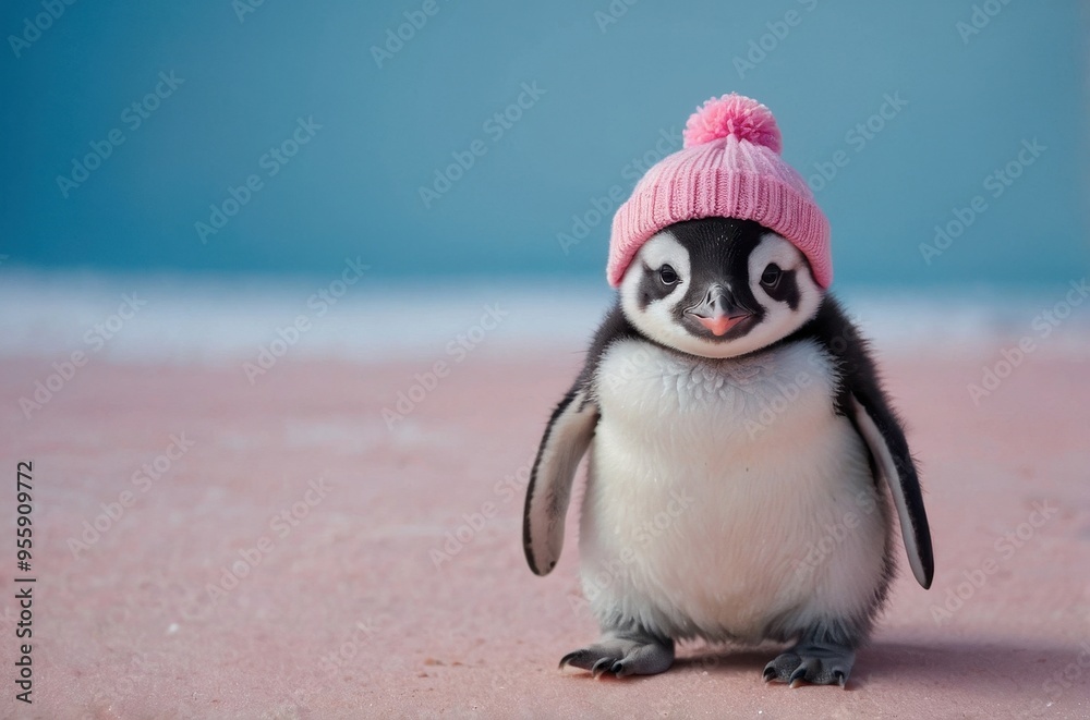 Fototapeta premium A cute penguin chick wearing a pink hat stands on a pastel-colored surface.