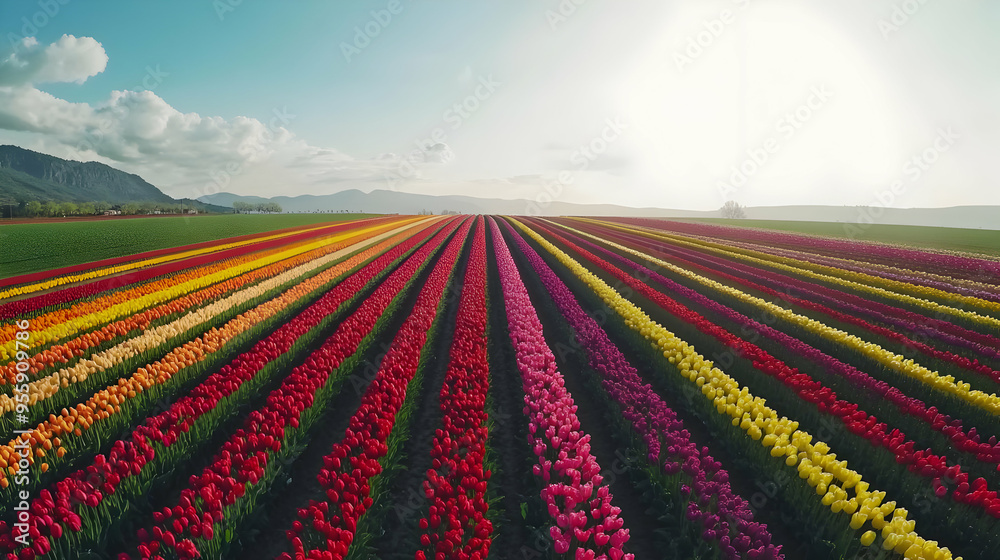 The drone flies over a vast field of blooming tulips, showcasing the vibrant stripes of color created by the different varieties of flowers The drone flies over a vast field of blooming tulips, showcasing the vibrant stripes of color created by the different varieties of flowers