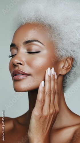 Beautiful mature African American woman applying serum, with key ingredients like hyaluronic acid, vitamin C, and niacinamide for hydration, rejuvenation, and beatitude, solid white background. photo