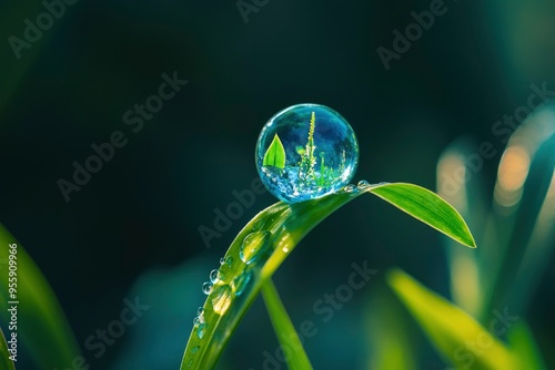 Water, drop and leaf with earth for sustainability and awareness of climate change, nature and environment. Globe, plant and droplet on blade of grass for eco friendly, future and clean energy , ai