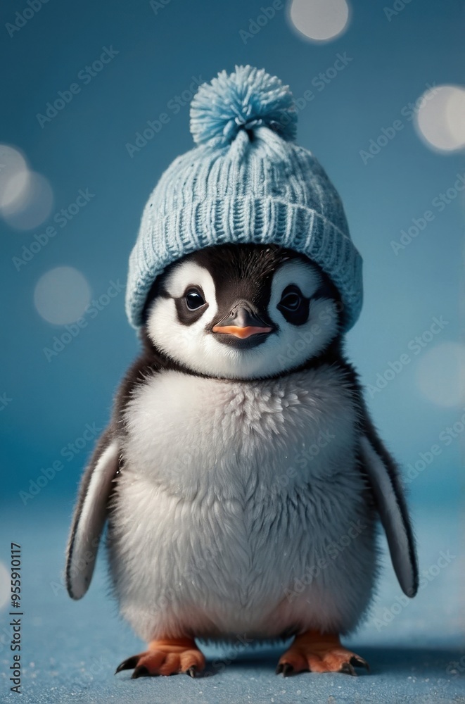 Fototapeta premium A cute penguin wearing a light blue knitted hat against a soft blue background.