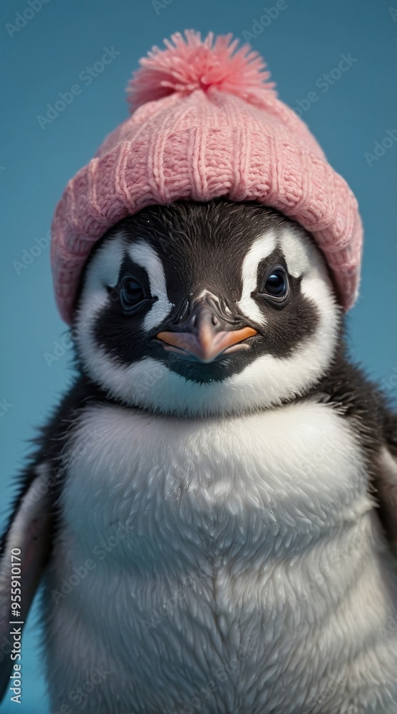 A cute penguin wearing a pink knitted hat against a blue background. A cute penguin wearing a pink knitted hat against a blue background.