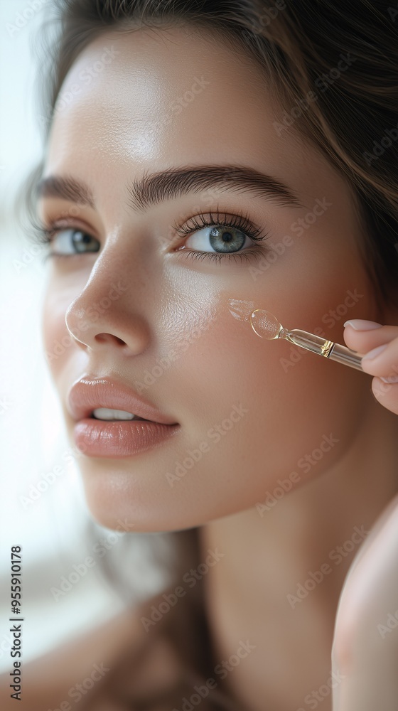 Beautiful Caucasian woman applying serum, with key ingredients like hyaluronic acid, vitamin C, and niacinamide for hydration and rejuvenation, solid white background.