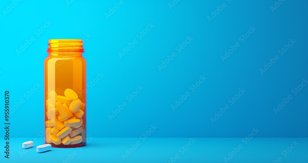 Bottle of Pills with Empty Label on the Right Against a Blue Background. Dark Brown Bottle Slightly Tilted on Light Gray Surface