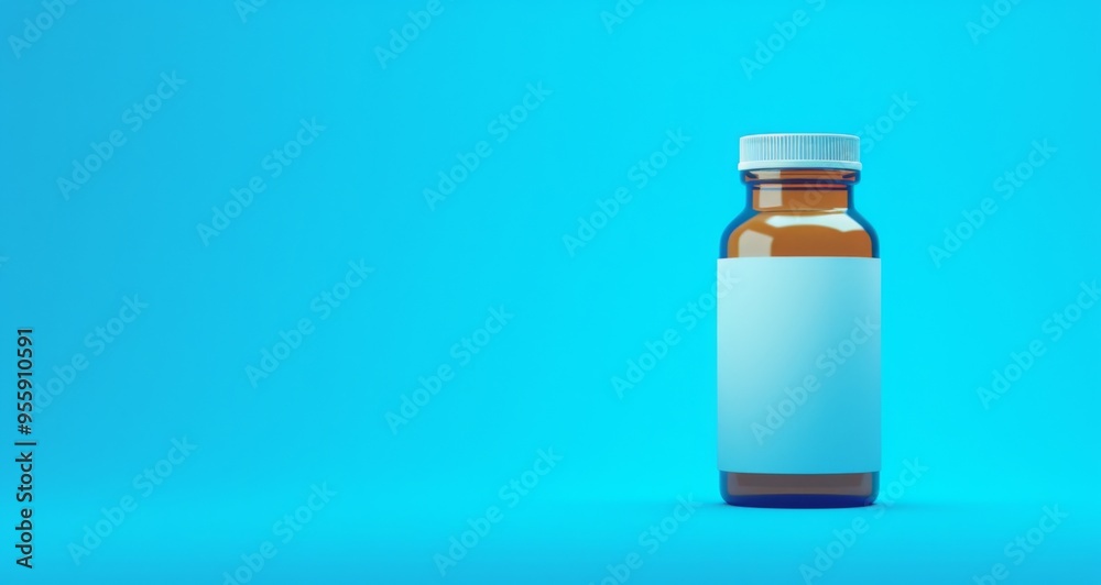 Bottle of Pills with Empty Label on the Right Against a Blue Background. Dark Brown Bottle Slightly Tilted on Light Gray Surface Bottle of Pills with Empty Label on the Right Against a Blue Background. Dark Brown Bottle Slightly Tilted on Light Gray Surface