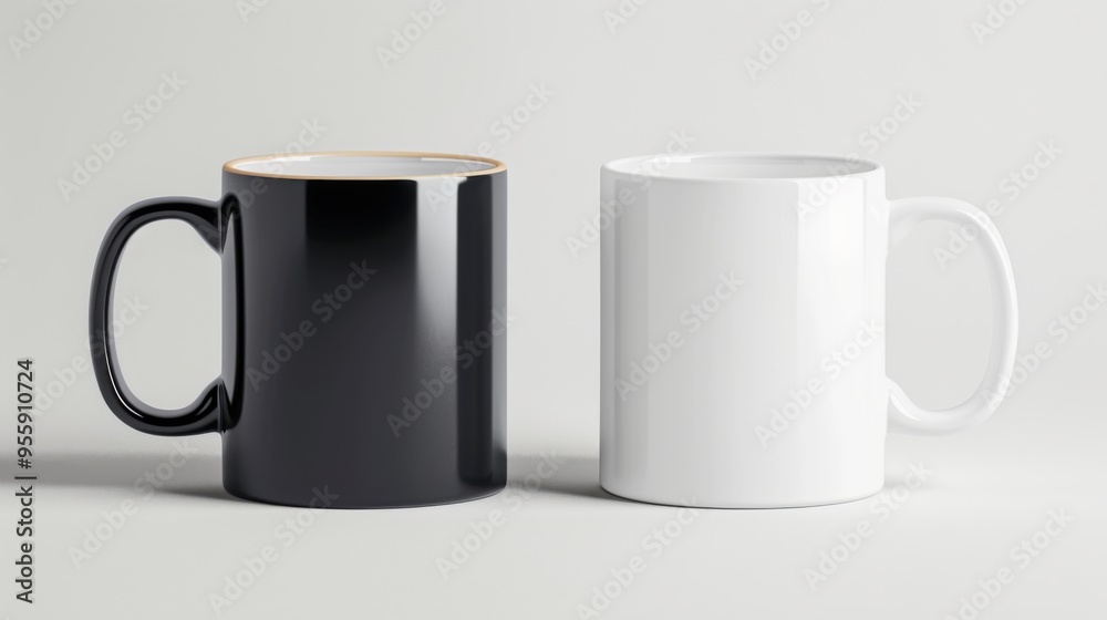Black and White Coffee Mug Mockup: A clean and minimalist photo of two coffee mugs, one black and one white, showcasing the perfect blank canvas for your design, branding, or logo Black and White Coffee Mug Mockup: A clean and minimalist photo of two coffee mugs, one black and one white, showcasing the perfect blank canvas for your design, branding, or logo
