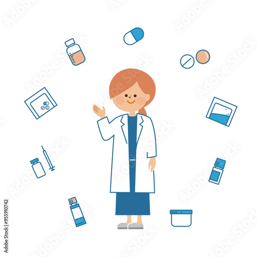 薬剤師と色々な薬　かわいいイラスト素材