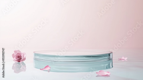 A minimalist glass product display podium floating on a clean water accompanied by a pink rose and petal with light pink background, for showcasing beauty or skincare products.