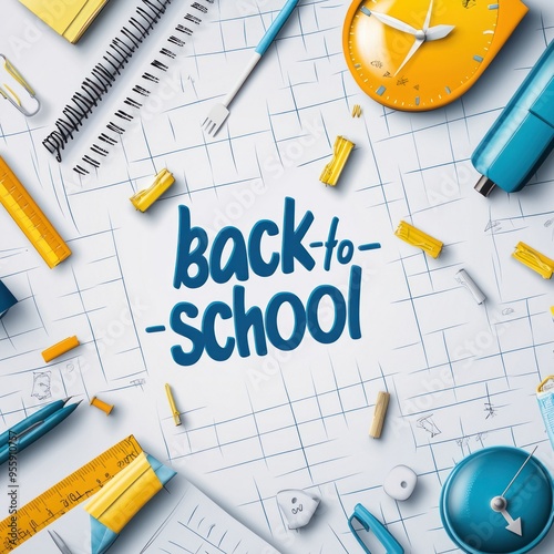 Back to School Illustration - Blue and Yellow School Supplies on Grid Paper