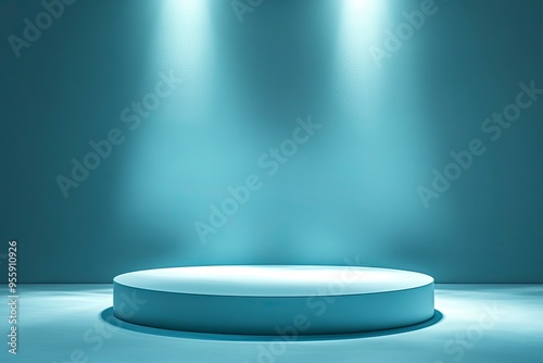 Studio stage lighting pastel blue tone color for product display showcase demonstration decoration. Abstract spot light glowing flaring photo studio setup stage backdrop   ai