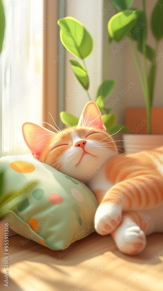 Adorable orange tabby kitten peacefully sleeping on a cozy cat blanket, surrounded by indoor plants, bathed in soft sunlight, pastel tones, 3D rendering.