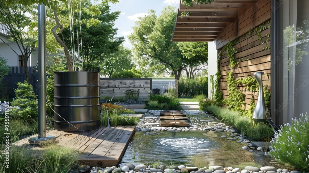 Modern Backyard Oasis with Water Feature, Stone Path, and Lush Greenery Modern Backyard Oasis with Water Feature, Stone Path, and Lush Greenery