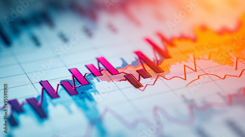 Financial Charts and Graphs with Pink and Red Lines Showing Growth and Success