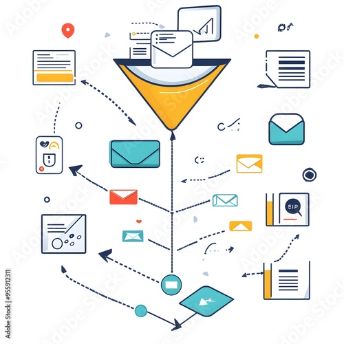 straightforward infographic that illustrates the process of Email Marketing. The design should include key elements such as an email icon, a funnel representing