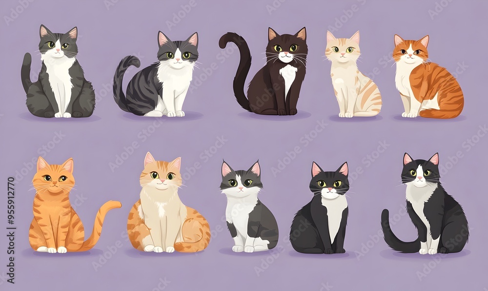 Cartoon of Various Breeds of Domestic Cats on Soft Lavender Background Cartoon of Various Breeds of Domestic Cats on Soft Lavender Background