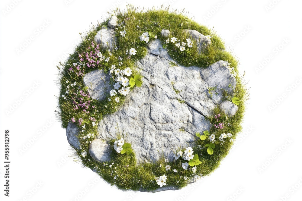round surface patch covered with flowers, green leaf rock plant or dry grass isolated on white background. Realistic natural element for design. Bright 3d illustration , ai