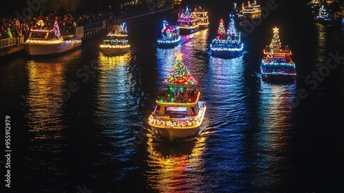 Christmas Boat Parade at Night with Vibrant Lights and Festive Decorations. Boats Glide Along a River or Lake, Creating a Mesmerizing Reflection on the Water,