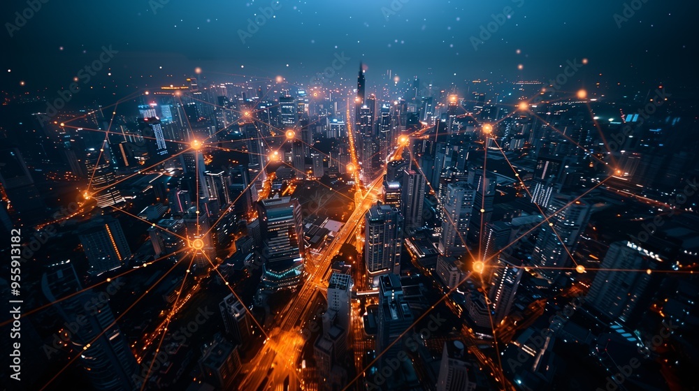 Fototapeta premium Futuristic Smart City Connected by a Digital Network of Lines and Nodes, Representing Global Internet Connectivity, Data Exchange, and Advanced Communication Technologies.
