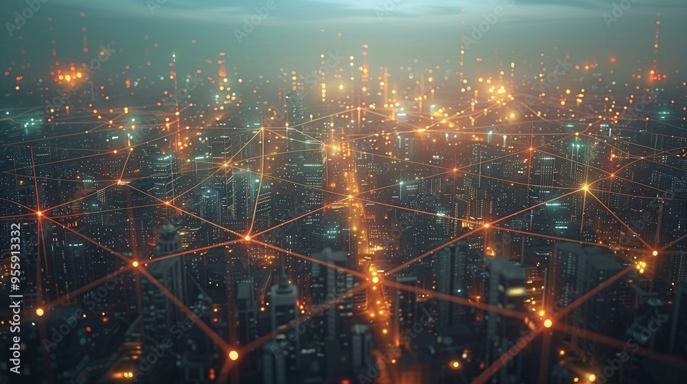 Fototapeta premium Futuristic Smart City Connected by a Digital Network of Lines and Nodes, Representing Global Internet Connectivity, Data Exchange, and Advanced Communication Technologies.