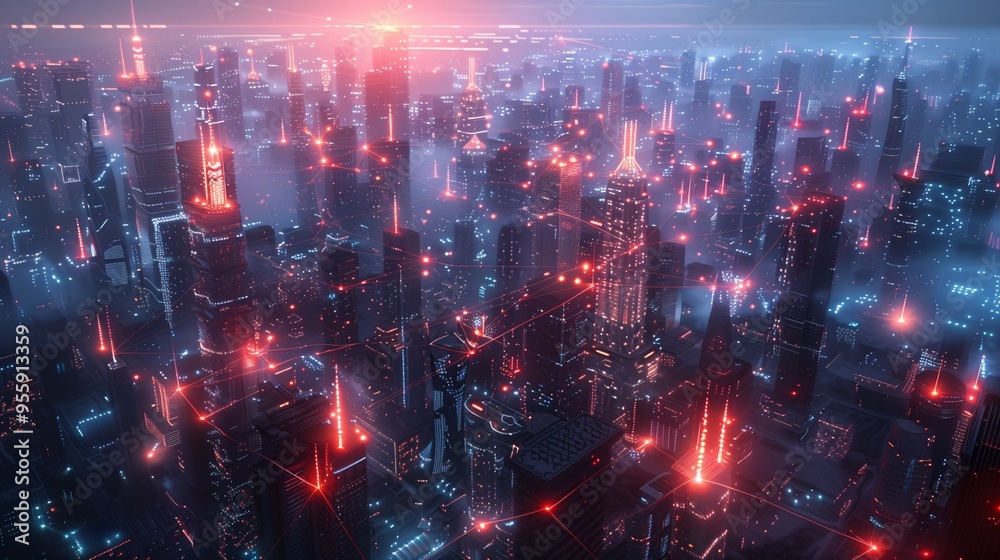 Naklejka premium Futuristic Smart City Connected by a Digital Network of Lines and Nodes, Representing Global Internet Connectivity, Data Exchange, and Advanced Communication Technologies.