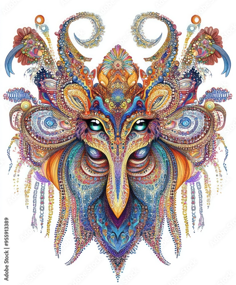 A vibrant, intricate illustration of a stylized animal face with colorful patterns.