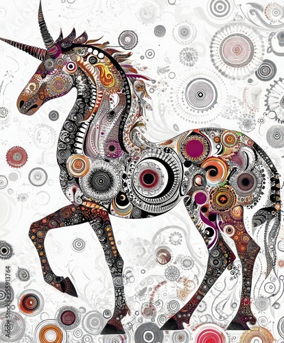 A colorful, artistic depiction of a unicorn surrounded by intricate patterns and designs. photo