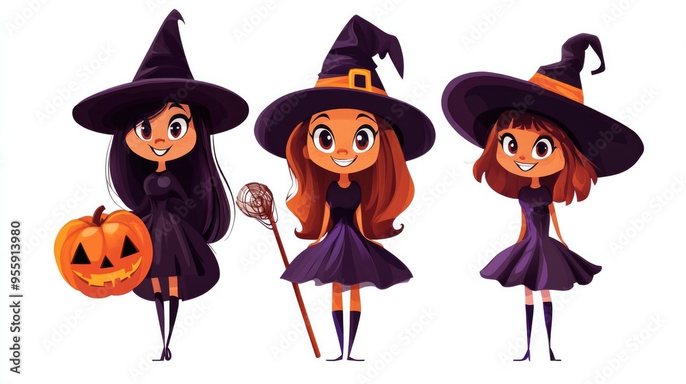 Charming young girls dressed as witches holding pumpkins, celebrating Halloween with bright, playful costumes and joyful expressions. Charming young girls dressed as witches holding pumpkins, celebrating Halloween with bright, playful costumes and joyful expressions.