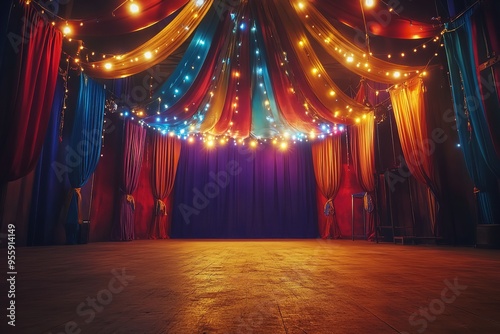 A lively circus stage with colorful lights and drapes in the evening.