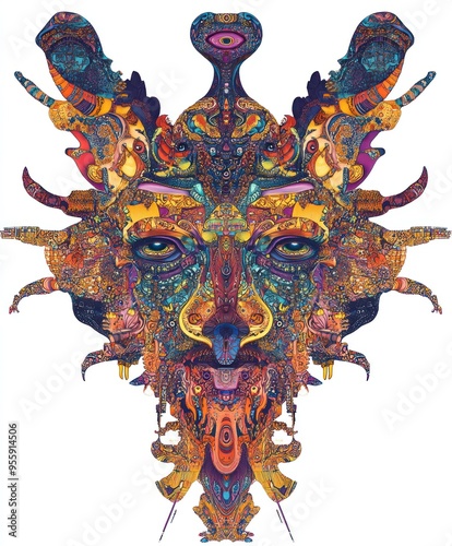 A vibrant, intricate face-like design filled with abstract patterns and colors.