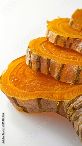 Close-up of freshly sliced turmeric roots displaying their vibrant orange color against a white background.