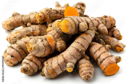 A pile of fresh turmeric roots with vibrant orange insides, commonly used for cooking and medicinal purposes. photo