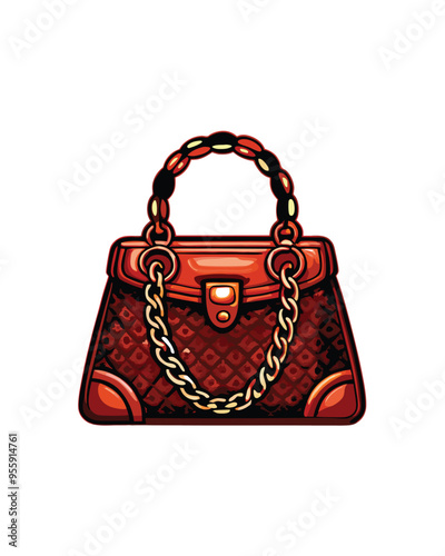 Editable stroke vector illustration of a red designer handbag with a gold chain strap.