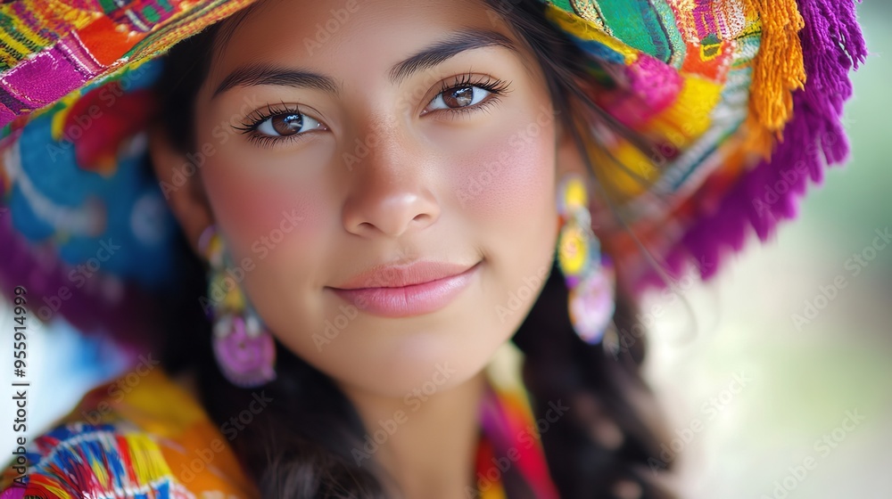 Fototapeta premium A young woman in traditional South American attire, wearing a colorful hat.